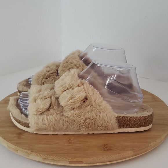Fitory Faux Rabbit Fur Open Toe Slippers Cork Slide Sandals Beige Women's Size 7 - Picture 3 of 8
